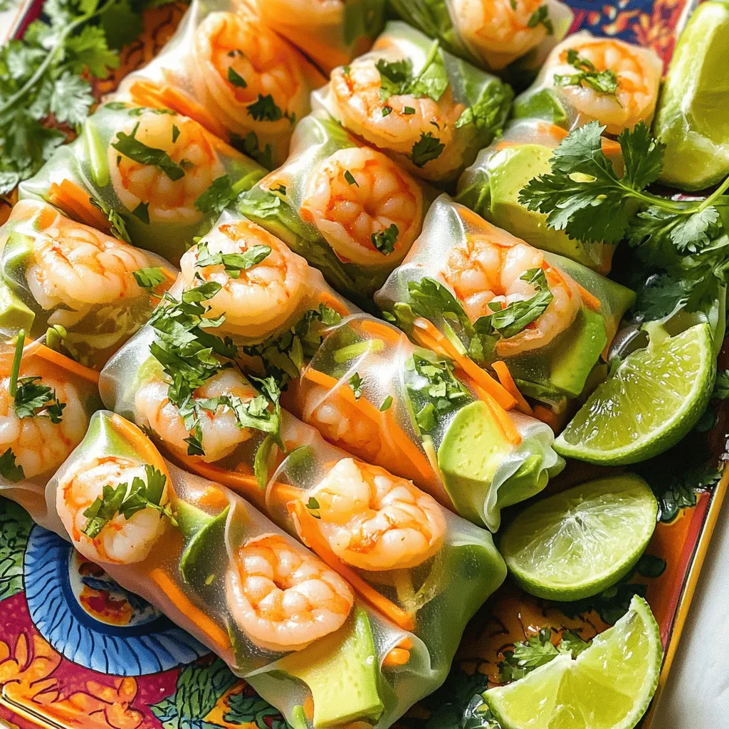 To make shrimp summer rolls, you need fresh shrimp and rice paper wrappers. You also need vermicelli rice noodles. Mixed vegetables like carrots, cucumber, and bell pepper add crunch and color. Fresh herbs like mint, cilantro, and basil bring bright flavors. Sliced avocado gives a creamy touch, while lime juice adds zest. A pinch of salt and pepper enhances the taste.