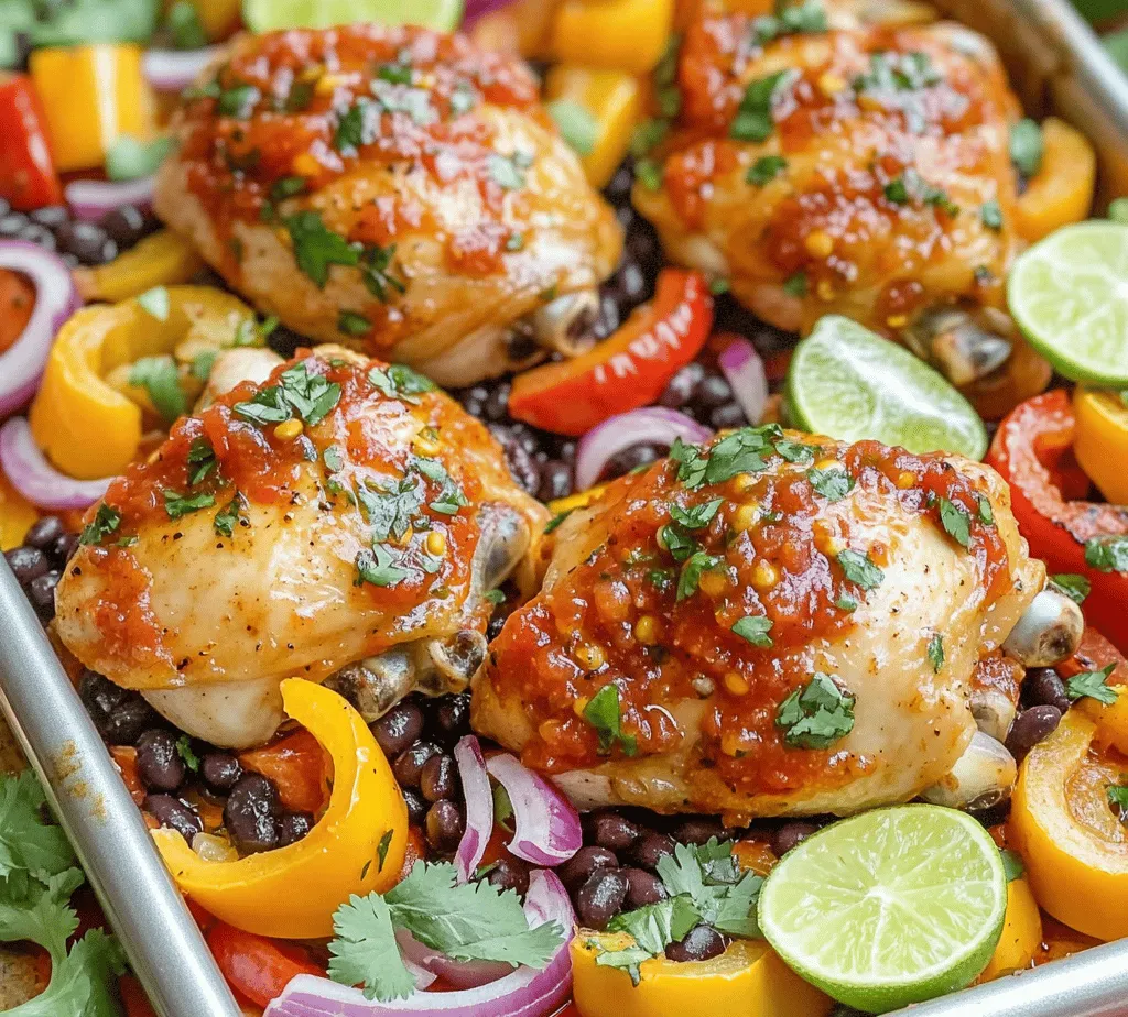 Are you looking for a quick, flavorful, and healthy meal that will please the whole family? Look no further than <strong>Sheet Pan Roasted Salsa Chicken</strong>! This vibrant dish combines succulent chicken thighs with zesty salsa and a medley of colorful vegetables, all roasted together on a single sheet pan. The result is a satisfying, wholesome meal that is bursting with flavor and easy to prepare.” /></p>
</p>
<p><strong>Combining Ingredients for Sheet Pan Roasted Salsa Chicken</strong></p>
</p>
<p>To create an unforgettable sheet pan roasted salsa chicken, the first step is to combine your ingredients effectively. Begin by mixing together your salsa, cumin, chili powder, salt, and pepper in a large mixing bowl. This combination not only creates a vibrant flavor profile but also ensures that the spices are evenly distributed throughout the dish. For an extra kick, consider adding a splash of lime juice, which can enhance the overall tanginess of your salsa.</p>
</p>
<p>Once your salsa blend is ready, add the chicken thighs to the bowl, ensuring each piece is well-coated with the mixture. Use your hands (or a spatula) to massage the flavors into the chicken, making sure to cover all surfaces. This step is crucial as it allows the spices to infuse into the meat, leading to a deeply flavored dish. For best results, let the chicken marinate for at least 30 minutes, or even overnight if time allows, in the refrigerator. This marination step not only enhances the flavor but also tenderizes the chicken, making it juicy and succulent.</p>
</p>
<p><strong>Tips for Ensuring Even Coating and Flavor Infusion</strong></p>
</p>
<p>To ensure that every piece of chicken is evenly coated, consider using a resealable plastic bag for marinating. Simply add your chicken and salsa mixture to the bag, seal it tightly, and shake gently. This method allows for better coverage and will save you the hassle of cleaning a bowl afterward. It also promotes a more thorough infusion of flavors, as the chicken moves around within the bag.</p>
</p>
<p>When you’re ready to roast, it’s important to make sure that the chicken is at room temperature to promote even cooking. Allow the chicken to sit on the counter for about 15-20 minutes before placing it in the oven. This simple step can make a significant difference in achieving perfectly cooked chicken.</p>
</p>
<p><strong>Creating the Vegetable Bed</strong></p>
</p>
<p>The next step in preparing your sheet pan roasted salsa chicken is creating the vegetable bed. Using a variety of colorful vegetables not only enhances the visual appeal of your dish but also adds a wealth of flavor and texture. Start by selecting your vegetables. Bell peppers, onions, zucchini, and corn are excellent choices that complement the chicken beautifully.</p>
</p>
<p>Chop your vegetables into uniform pieces to ensure even cooking. For instance, slice bell peppers into strips and chop zucchini into bite-sized cubes. Arrange these vegetables on your sheet pan, forming a bed for the chicken. Lay them out evenly, ensuring that they are not overcrowded; this will help them roast rather than steam.</p>
</p>
<p><strong>Importance of Layering Vegetables for Flavor and Texture</strong></p>
</p>
<p>Layering your vegetables is crucial to achieving the best flavor and texture in your dish. Start with heartier vegetables that take longer to cook, such as onions and zucchini, and then add the quicker-cooking vegetables like bell peppers and corn on top. This layering technique allows the heat to circulate properly and ensures that every vegetable reaches the perfect level of tenderness while absorbing the delicious chicken juices.</p>
</p>
<p>The vibrant colors of your selected vegetables not only create a feast for the eyes but also provide a nutrient-dense foundation for your meal. With a rainbow of colors on your plate, you’re likely to consume a wider variety of vitamins and minerals.</p>
</p>
<p><strong>Assembling the Dish</strong></p>
</p>
<p>Now it’s time to assemble the dish! Take your marinated chicken thighs and place them directly on top of the bed of vegetables. Position them evenly across the pan, ensuring that they are not overcrowded. This spacing is vital as it allows the heat to circulate around each piece, ensuring even cooking.</p>
</p>
<p>For an added burst of flavor, pour any remaining salsa over the chicken and vegetables. This not only enhances the taste but also helps keep the chicken moist during roasting. The salsa will caramelize slightly as it cooks, creating a delicious glaze over the chicken and a flavorful sauce for the vegetables.</p>
</p>
<p><strong>Roasting Process</strong></p>
</p>
<p>Preheat your oven to 400°F (200°C) and place your sheet pan in the oven. Roast for about 30-40 minutes, depending on the size of your chicken thighs. To check for doneness, insert a meat thermometer into the thickest part of the chicken—an internal temperature of 165°F (74°C) indicates that your chicken is safely cooked.</p>
</p>
<p>It’s important to keep an eye on the vegetables as they roast. If you notice they’re starting to brown too much, you can toss them gently halfway through the cooking process to promote even browning.</p>
</p>
<p>After the cooking time is complete, let the chicken rest for about 5-10 minutes before serving. This resting period allows the juices to redistribute, ensuring that every bite is juicy and flavorful.</p>
</p>
<p><strong>Nutritional Benefits of the Dish</strong></p>
</p>
<p>Sheet pan roasted salsa chicken is not just delicious but also packed with nutritional benefits. Chicken thighs, the star of this dish, are an excellent source of protein, providing essential amino acids necessary for muscle repair and growth. They are also rich in iron and zinc, which play vital roles in immune function and energy metabolism.</p>
</p>
<p>The vegetables and beans included in this recipe add additional health benefits. They are rich in dietary fiber, which promotes a healthy gut and can help regulate blood sugar levels. The variety of vegetables contributes essential vitamins such as vitamin C and A, which are important for immune health and vision.</p>
</p>
<p>This dish is not only low in calories but also high in protein, making it an ideal meal option for those looking to maintain a healthy diet.</p>
</p>
<p><strong>Serving Suggestions and Variations</strong></p>
</p>
<p>When it comes to serving your sheet pan roasted salsa chicken, there are plenty of side dishes that pair perfectly with this meal. Consider serving it over a bed of rice or quinoa for added fiber and protein, or alongside a fresh green salad drizzled with light vinaigrette. For a heartier option, warm tortillas can be a fantastic accompaniment, allowing you to create delicious wraps with the chicken and vegetables.</p>
</p>
<p>If you have specific dietary preferences, there are many ingredient substitutions you can make. For a lower-carb option, replace the beans with additional vegetables like cauliflower or broccoli. If you prefer chicken breasts instead of thighs, feel free to make that swap; just be aware that breasts may require less cooking time.</p>
</p>
<p>For those who enjoy a bit of heat, customizing the spice level is easy. You can add jalapeños or serrano peppers to the vegetable bed or sprinkle red pepper flakes over the chicken before roasting. Alternatively, if you prefer a milder flavor, you can omit the spicy elements altogether or serve the dish with a cooling avocado or sour cream topping.</p>
</p>
<p><strong>Conclusion</strong></p>
</p>
<p>In summary, preparing sheet pan roasted salsa chicken is a delightful experience that combines ease, flavor, and nutrition into one satisfying meal. The process allows for creativity, whether you choose to stick to the classic recipe or experiment with various vegetables and spices.</p>
</p>
<p>Cooking is not just about nourishment; it’s also about joy, creativity, and sharing moments with loved ones. This dish is perfect for family dinners or casual gatherings, offering something for everyone. So, grab your ingredients, gather your friends or family, and enjoy the process of creating and sharing this delicious meal together. Happy cooking!</p>
</div>