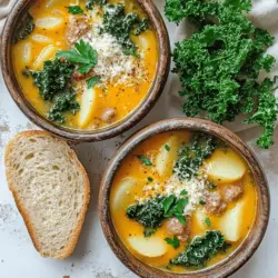 Zuppa Toscana is a warm and creamy Italian soup. It uses simple yet rich ingredients. The main ingredient is Italian sausage, which adds a savory depth. You can choose mild or spicy sausage based on your taste. Next, chopped onions and minced garlic build a base of flavor.