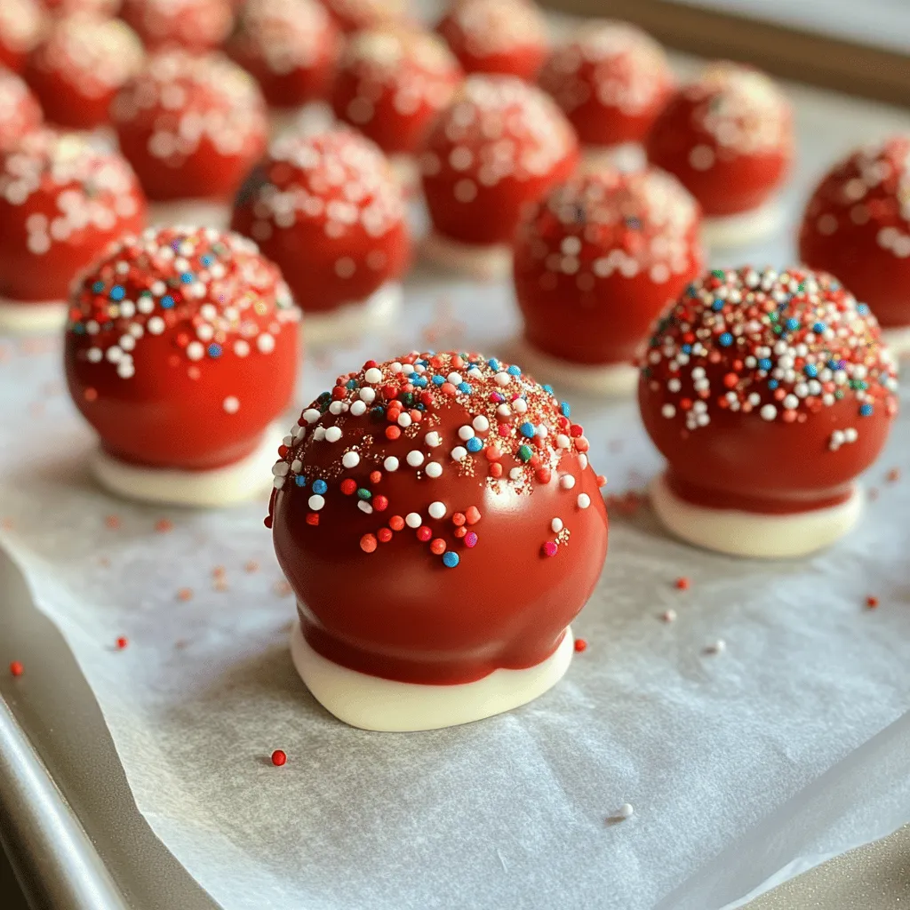 Red velvet cake pops are small, round treats made from red velvet cake and cream cheese frosting. They are dipped in white chocolate and often decorated with sprinkles. Their bright red color and rich flavor make them eye-catching and tasty. People love these sweet treats for parties because they are fun to eat.