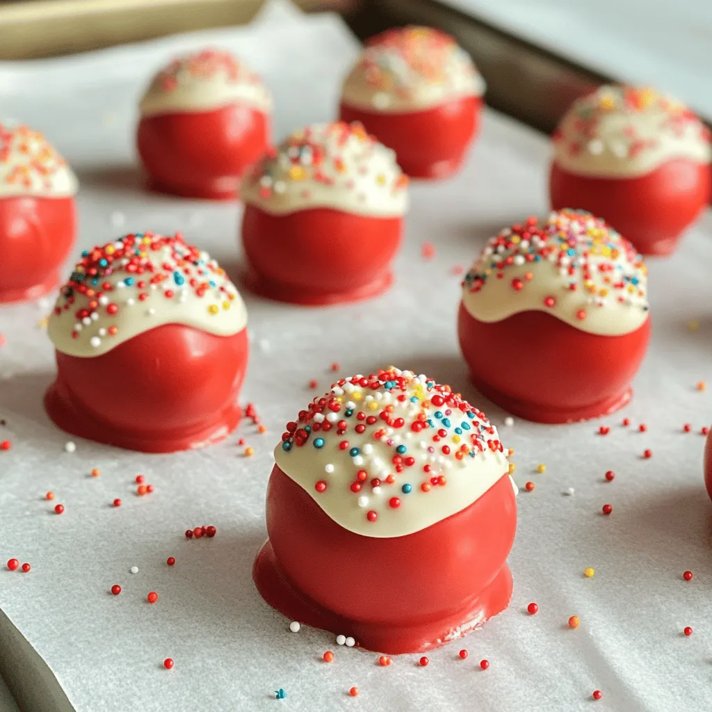 Red velvet cake pops are small, round treats made from red velvet cake and cream cheese frosting. They are dipped in white chocolate and often decorated with sprinkles. Their bright red color and rich flavor make them eye-catching and tasty. People love these sweet treats for parties because they are fun to eat.