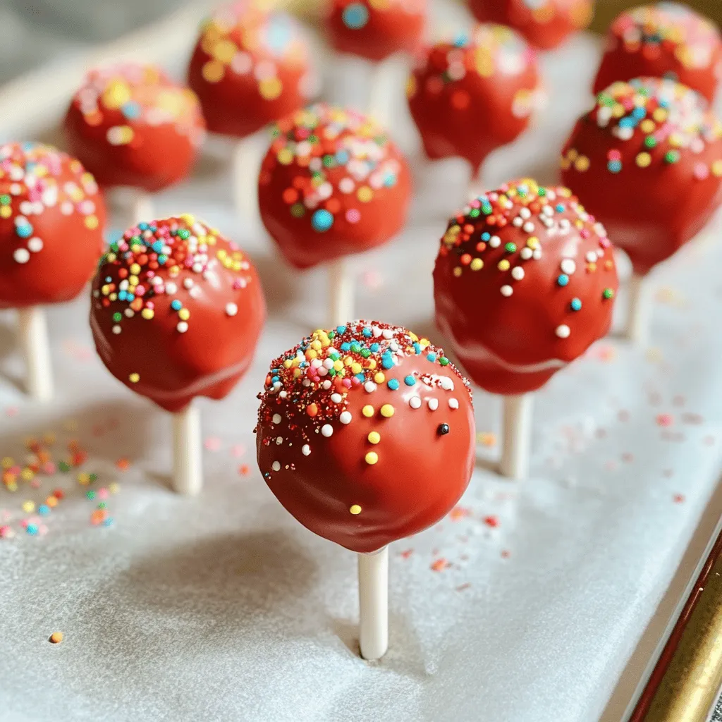 Red velvet cake pops are small, round treats made from red velvet cake and cream cheese frosting. They are dipped in white chocolate and often decorated with sprinkles. Their bright red color and rich flavor make them eye-catching and tasty. People love these sweet treats for parties because they are fun to eat.