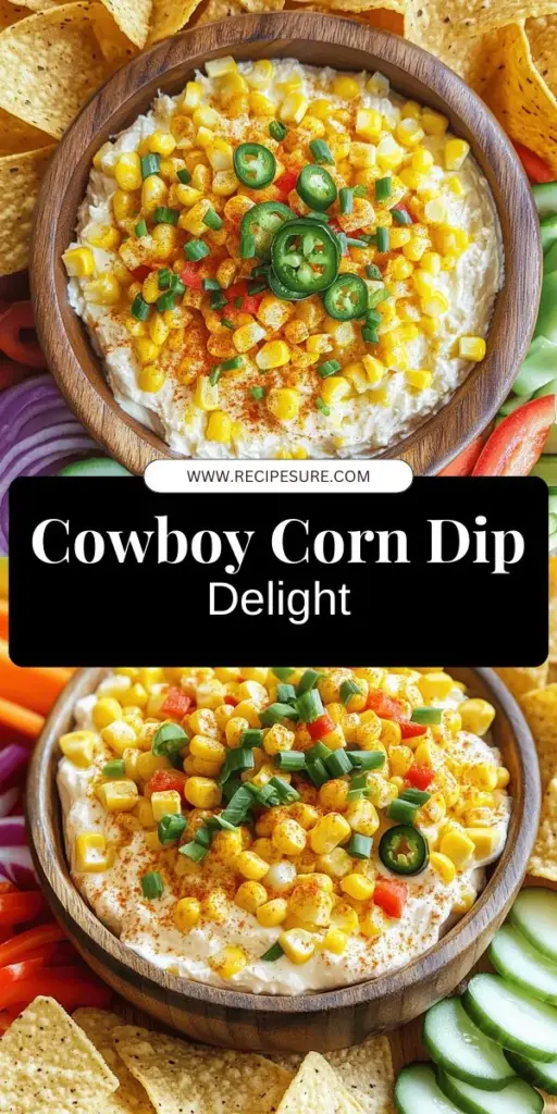 Discover the ultimate Cowboy Corn Dip recipe that is sure to wow your guests at any gathering! This creamy, flavorful dip features sweet corn, tangy cream cheese, and a delightful blend of spices, making it a hit for parties, potlucks, or cozy nights in. Easy to make and customizable to your taste, it's perfect for dunking tortilla chips or veggies. Click through to explore this delicious recipe and get ready to impress your friends with a crowd-pleasing treat!
