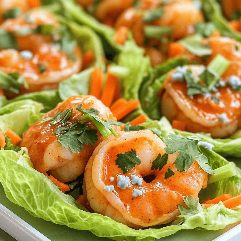 To make delicious buffalo shrimp lettuce wraps, you need fresh shrimp and great flavors. Start with <strong>1 pound of large shrimp, peeled and deveined</strong>. This shrimp is the star of the dish. You will also need <strong>1/2 cup of buffalo sauce</strong> to give it that spicy kick.” /></p>
</p>
<h2>What Variations Can You Explore for Your Buffalo Shrimp Wraps?</h2>
</p>
<p>You can make buffalo shrimp wraps fit many tastes and diets. If you want a healthier option, swap out the shrimp for grilled chicken or tofu. Both options work well with buffalo sauce and give a tasty twist. For those who avoid gluten, use corn tortillas instead of lettuce. This keeps the wraps fresh and gluten-free.</p>
</p>
<p>If you love spice, add jalapeños or hot sauce to your wraps. You can mix diced jalapeños into the shrimp or sprinkle them on top before serving. This adds a nice kick to each bite. Another spicy option is to use a spicier buffalo sauce. Some brands make extra hot sauces that can turn up the heat without changing the dish too much.</p>
</p>
<p>You can also bring in flavors from around the world. For a Thai twist, add peanut sauce along with the buffalo sauce. This creates a blend of heat and creaminess. You could also try an Asian-style wrap. Use sriracha, sesame oil, and add shredded cabbage for crunch. This mix gives a fresh, zesty taste.</p>
</p>
<p>Try the full recipe and discover the joy of making these wraps your own.</p>
</p>
<h2>What Nutritional Information Should You Consider?</h2>
</p>
<p>How do buffalo shrimp lettuce wraps fit into a healthy diet? These wraps can be a smart choice. They mix lean protein and fresh veggies. Shrimp offers vital nutrients while keeping calories low. The lettuce adds crunch and fiber without extra carbs.</p>
</p>
<p>What makes shrimp a good protein source? Shrimp is low in fat and high in protein. A serving of shrimp gives you around 24 grams of protein. It also contains omega-3 fatty acids, which are great for heart health. Shrimp is a lean option, making it perfect for many diets.</p>
</p>
<p>How can you modify the recipe for low-calorie options? You can swap buffalo sauce for a lighter version. Use Greek yogurt mixed with hot sauce for a creamy touch. You can also skip the blue cheese or use a low-fat version. Replace the olive oil with cooking spray to cut more calories. These changes keep the flavor while reducing the calorie count.</p>
</p>
<p>For more details on the recipe, check out the Full Recipe.</p>
</p>
<p><img decoding=