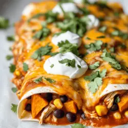 Discover the delightful fusion of flavors in Turkey & Sweet Potato Enchiladas, a nourishing dish that transforms leftover turkey into a mouthwatering meal. This recipe not only allows you to utilize leftover turkey but also incorporates the natural sweetness of sweet potatoes, making it a wholesome option for busy weeknights or casual gatherings. Enchiladas are a beloved staple of Mexican cuisine, often filled with a variety of ingredients and topped with zesty sauces. In this version, we take a creative spin by blending turkey and sweet potatoes, resulting in a dish that is both comforting and nutritious. Each bite is a celebration of taste, blending the savory notes of turkey with the subtle sweetness of sweet potatoes, all enveloped in a warm tortilla and bathed in a rich sauce.