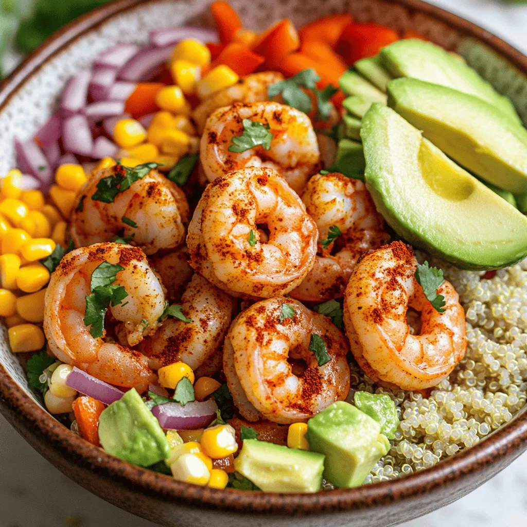 To make a chipotle lime shrimp bowl, gather these ingredients: - 1 lb shrimp, peeled and deveined - 2 tablespoons chipotle powder - 1 tablespoon smoked paprika - 1 teaspoon garlic powder - 1 teaspoon cumin - 1 lime, juiced (plus extra for serving) - 3 tablespoons olive oil - Salt and pepper to taste - 1 cup quinoa, rinsed - 2 cups vegetable broth - 1 avocado, sliced - 1 cup corn (fresh or frozen) - 1 red bell pepper, diced - ½ cup red onion, finely chopped - Fresh cilantro, for garnish