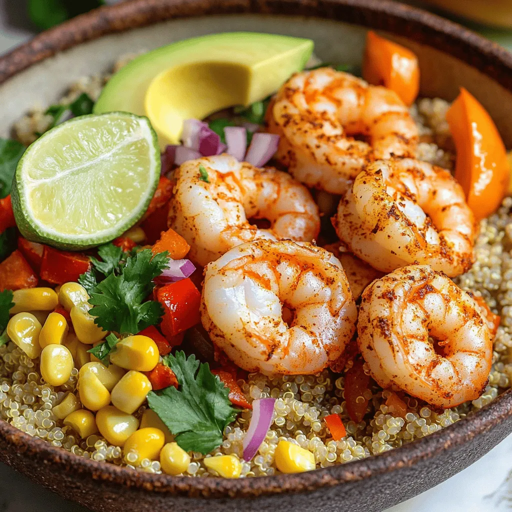 To make a chipotle lime shrimp bowl, gather these ingredients: - 1 lb shrimp, peeled and deveined - 2 tablespoons chipotle powder - 1 tablespoon smoked paprika - 1 teaspoon garlic powder - 1 teaspoon cumin - 1 lime, juiced (plus extra for serving) - 3 tablespoons olive oil - Salt and pepper to taste - 1 cup quinoa, rinsed - 2 cups vegetable broth - 1 avocado, sliced - 1 cup corn (fresh or frozen) - 1 red bell pepper, diced - ½ cup red onion, finely chopped - Fresh cilantro, for garnish