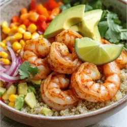 To make a chipotle lime shrimp bowl, gather these ingredients: - 1 lb shrimp, peeled and deveined - 2 tablespoons chipotle powder - 1 tablespoon smoked paprika - 1 teaspoon garlic powder - 1 teaspoon cumin - 1 lime, juiced (plus extra for serving) - 3 tablespoons olive oil - Salt and pepper to taste - 1 cup quinoa, rinsed - 2 cups vegetable broth - 1 avocado, sliced - 1 cup corn (fresh or frozen) - 1 red bell pepper, diced - ½ cup red onion, finely chopped - Fresh cilantro, for garnish