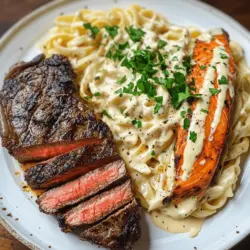 Welcome to the world of culinary indulgence with our Blackened Steak and Salmon Alfredo—a dish that brings together two beloved proteins in a rich, creamy sauce that is sure to impress. This recipe is an exquisite fusion of flavors and textures, perfect for a gourmet dinner or a special occasion. Imagine tender, juicy steak paired with flaky, succulent salmon, all enveloped in a velvety Alfredo sauce and served over perfectly cooked fettuccine pasta. The combination not only tantalizes the taste buds but also elevates your dining experience to a whole new level.