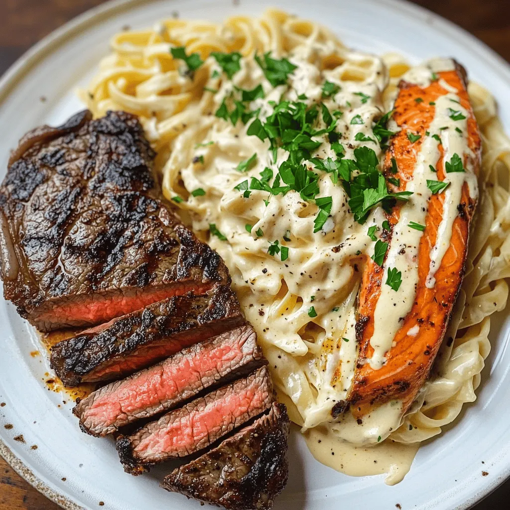 Welcome to the world of culinary indulgence with our Blackened Steak and Salmon Alfredo—a dish that brings together two beloved proteins in a rich, creamy sauce that is sure to impress. This recipe is an exquisite fusion of flavors and textures, perfect for a gourmet dinner or a special occasion. Imagine tender, juicy steak paired with flaky, succulent salmon, all enveloped in a velvety Alfredo sauce and served over perfectly cooked fettuccine pasta. The combination not only tantalizes the taste buds but also elevates your dining experience to a whole new level.