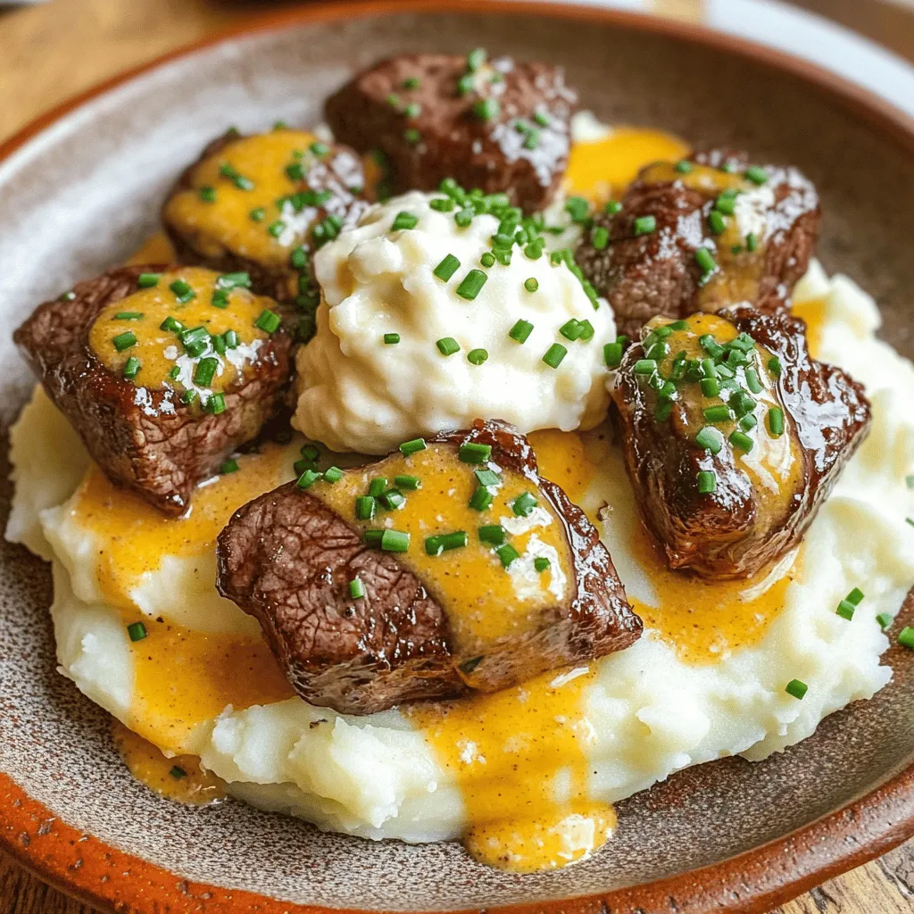 To make creamy garlic butter steak bites with mashed potatoes, you need fresh, quality ingredients. The main star is the sirloin steak, which you should cut into bite-sized pieces. This cut is tender and flavorful, perfect for a quick cook. Aim for one pound to ensure enough for everyone.