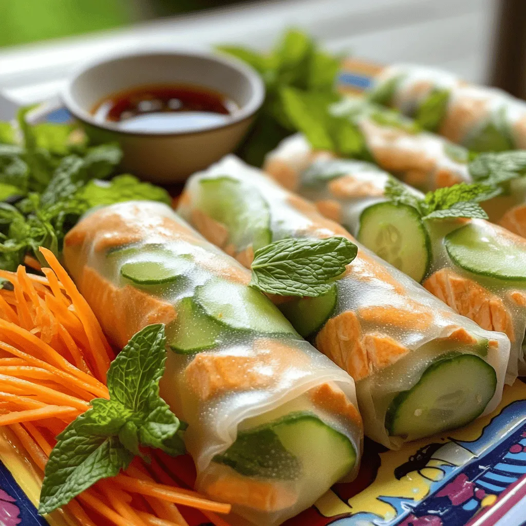 To make fresh Vietnamese spring rolls, you need several key ingredients. The main star is the salmon. You can use 200g of fresh salmon fillet. Cut it into thin strips for easy rolling. The rice paper sheets are also crucial. You need 8 sheets to wrap your fillings.