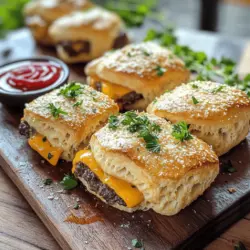 Garlic Parmesan cheeseburger bombs are tasty snacks filled with beef and cheese. They are wrapped in soft biscuit dough. When baked, they become golden and crispy. These bombs burst with flavor in every bite. You get savory beef, melted cheese, and a hint of garlic.