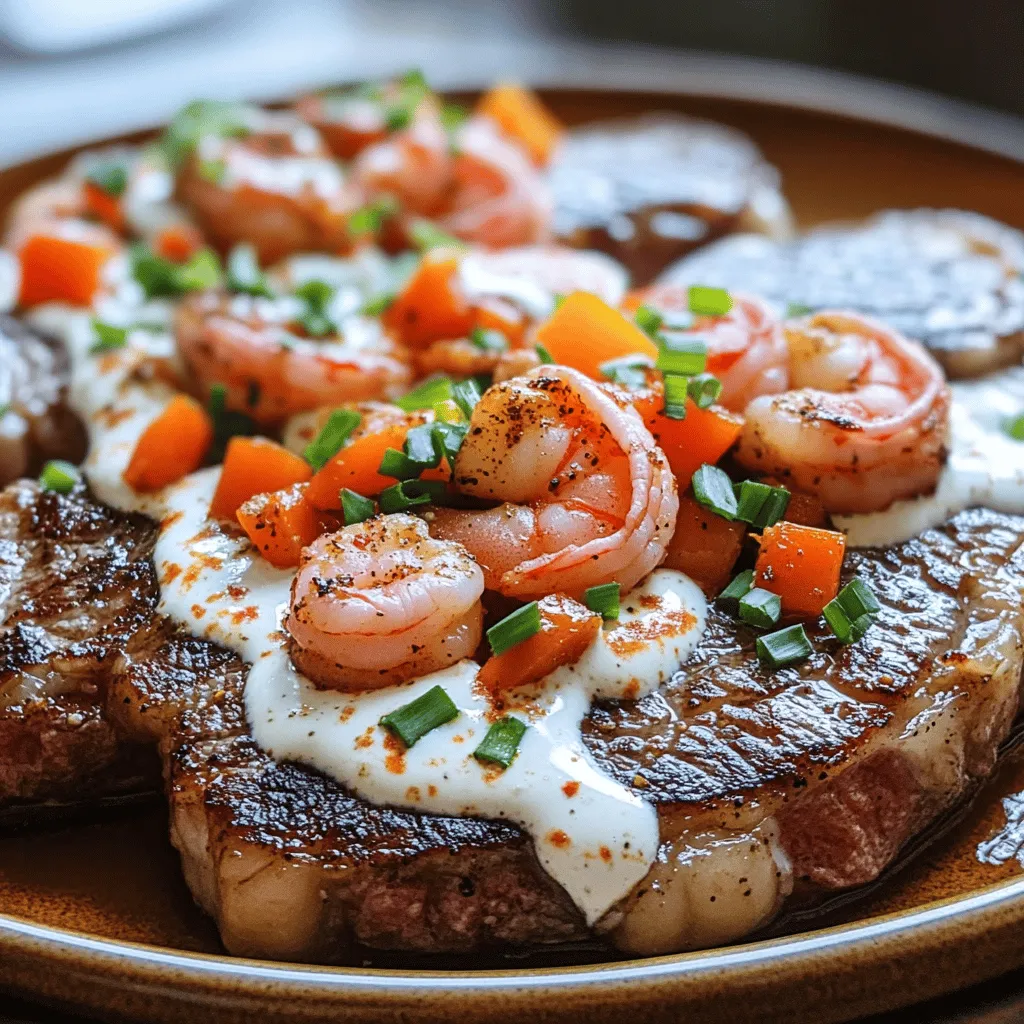 The key to a great steak with creamy Cajun shrimp sauce lies in its ingredients. First, you need two ribeye steaks. They should be about one inch thick. Ribeye gives you rich flavor and tenderness. Salt and black pepper are essential for seasoning the steak. They enhance the natural taste.