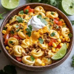 To make Taco Tortellini, you need several key ingredients. First, you need cheese tortellini. You can use fresh or frozen tortellini. Next, choose a protein: ground beef or turkey works well.