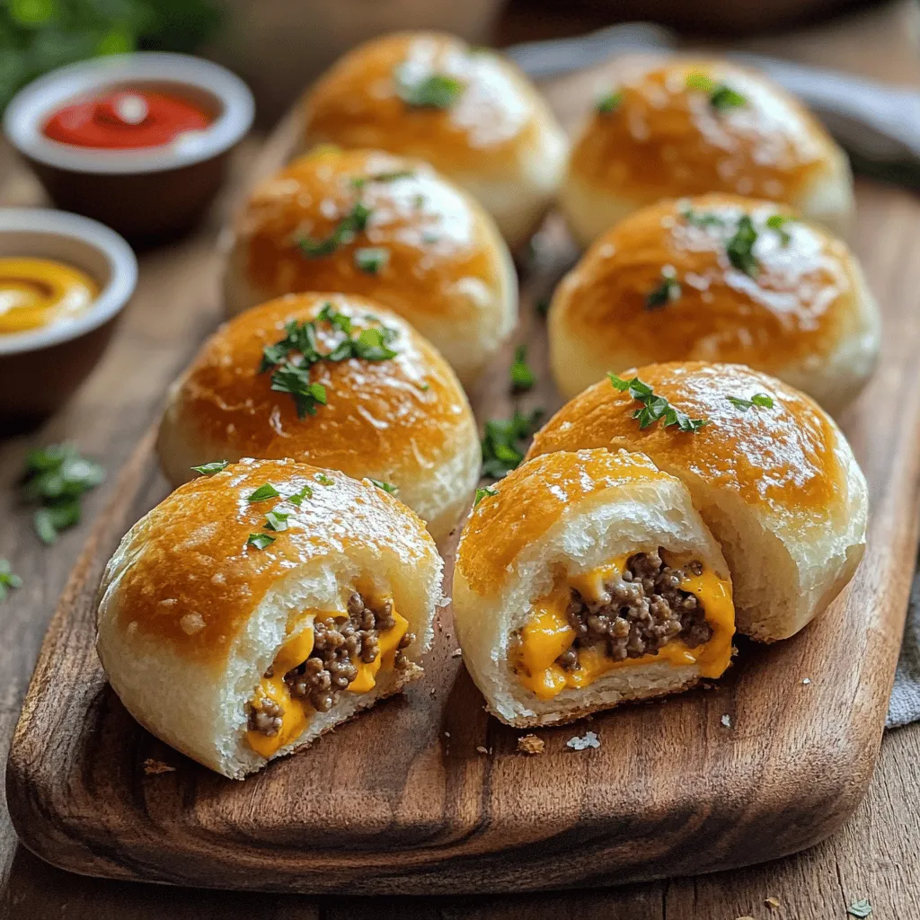 To make garlic parmesan cheeseburger bombs, you need a few key ingredients. You will need <strong>1 lb of ground beef</strong>, <strong>1 cup of shredded cheddar cheese</strong>, and <strong>1/2 cup of grated Parmesan cheese</strong>. You also need <strong>1/4 cup of softened cream cheese</strong> and <strong>1 clove of minced garlic</strong>. Don’t forget <strong>1 teaspoon of onion powder</strong>, <strong>1 teaspoon of Worcestershire sauce</strong>, and salt and pepper to taste. You will use <strong>1 can of refrigerated biscuit dough</strong> and <strong>2 tablespoons of melted butter</strong>. Finally, add <strong>1 tablespoon of chopped fresh parsley</strong> for garnish.” /></p>
</p>
<h2>How Do You Serve Garlic Parmesan Cheeseburger Bombs?</h2>
</p>
<p>Serving Garlic Parmesan Cheeseburger Bombs is fun and easy. You can make them a star at your next party or family dinner. Here are some great ideas to make your meal even better.</p>
</p>
<h3>What Are Some Creative Serving Suggestions?</h3>
</p>
<p>You can serve these bombs on a rustic wooden board. Drizzle them with melted butter for a shiny finish. Sprinkle extra Parmesan cheese on top for added flavor. Add a few sprigs of fresh parsley to make it look nice. You could even arrange pickles around the bombs for a fun touch.</p>
</p>
<h3>How Do You Pair These Bombs with Dipping Sauces?</h3>
</p>
<p>Dipping sauces bring extra joy to your meal. Ketchup and mustard are classic choices. For something different, try ranch dressing or garlic aioli. You can also mix sriracha with mayonnaise for a spicy kick. Just place the sauces in small bowls around the bombs for easy access.</p>
</p>
<h3>What Are Ideal Sides to Complement This Dish?</h3>
</p>
<p>To round out your meal, serve simple sides. A fresh green salad adds crunch and color. Sweet potato fries are a flavorful option that pairs nicely. You can also offer coleslaw for a tangy bite. These sides will balance the rich flavors of the bombs and make your meal complete.</p>
</p>
<p>For the full recipe, check out the details above!</p>
</p>
<h2>What Tips Can Help Improve Your Cheeseburger Bombs?</h2>
</p>
<p>When making your cheeseburger bombs, there are several tips to keep in mind.</p>
</p>
<h3>How Can You Ensure Even Cooking?</h3>
</p>
<p>To ensure even cooking, make sure each bomb is the same size. This will help them bake uniformly. Also, preheat your oven properly. A hot oven cooks food more evenly. Rotate the baking sheet halfway through cooking. This step helps avoid hot spots in the oven.</p>
</p>
<h3>What Storage Tips Will Keep Them Fresh?</h3>
</p>
<p>For storage, let the bombs cool completely. Place them in an airtight container. They can stay fresh in the fridge for up to three days. If you want to save them longer, freeze them. Wrap each bomb well in plastic wrap and put them in a freezer bag. They will last up to three months in the freezer. When ready to eat, thaw in the fridge overnight and reheat in the oven.</p>
</p>
<h3>What Mistakes Should You Avoid When Making These Bombs?</h3>
</p>
<p>Avoid overfilling the biscuits. If you add too much filling, they may burst. Also, don’t skip the seasoning. Salt and pepper enhance the flavors of the meat and cheese. Lastly, do not forget to brush with butter. This step gives a nice golden color and adds flavor. Following these tips will help you make the best Garlic Parmesan Cheeseburger Bombs. For the full recipe, check the details above.</p>
</p>
<p><img decoding=