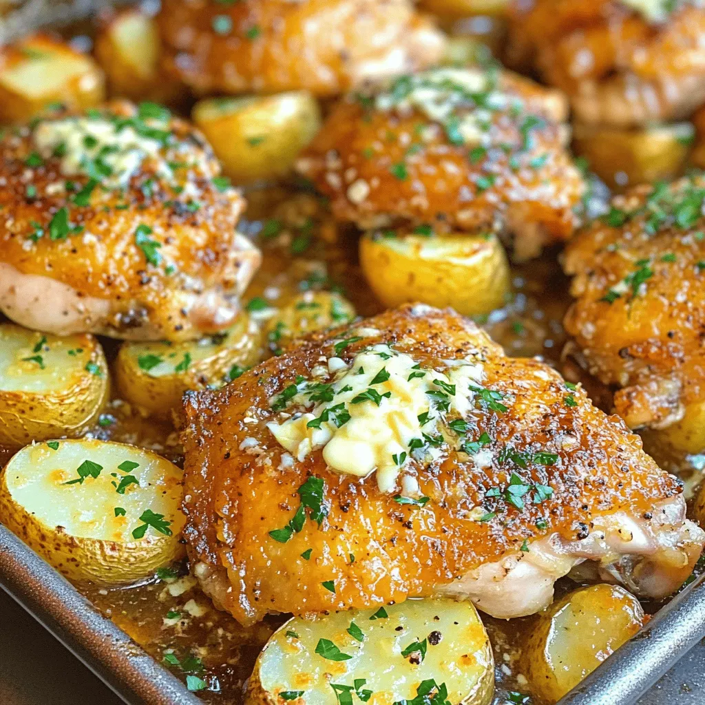 To make this garlic parmesan chicken recipe, you need simple and fresh ingredients. Start with four bone-in, skin-on chicken thighs. They keep the meat juicy and add great flavor. Next, grab four medium Yukon gold potatoes. Halve them for even cooking.