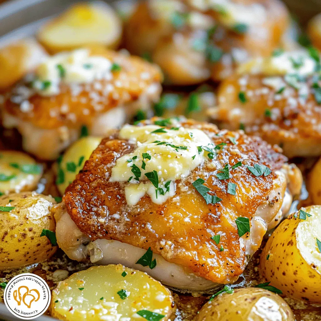 To make this garlic parmesan chicken recipe, you need simple and fresh ingredients. Start with four bone-in, skin-on chicken thighs. They keep the meat juicy and add great flavor. Next, grab four medium Yukon gold potatoes. Halve them for even cooking.