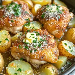 To make this garlic parmesan chicken recipe, you need simple and fresh ingredients. Start with four bone-in, skin-on chicken thighs. They keep the meat juicy and add great flavor. Next, grab four medium Yukon gold potatoes. Halve them for even cooking.