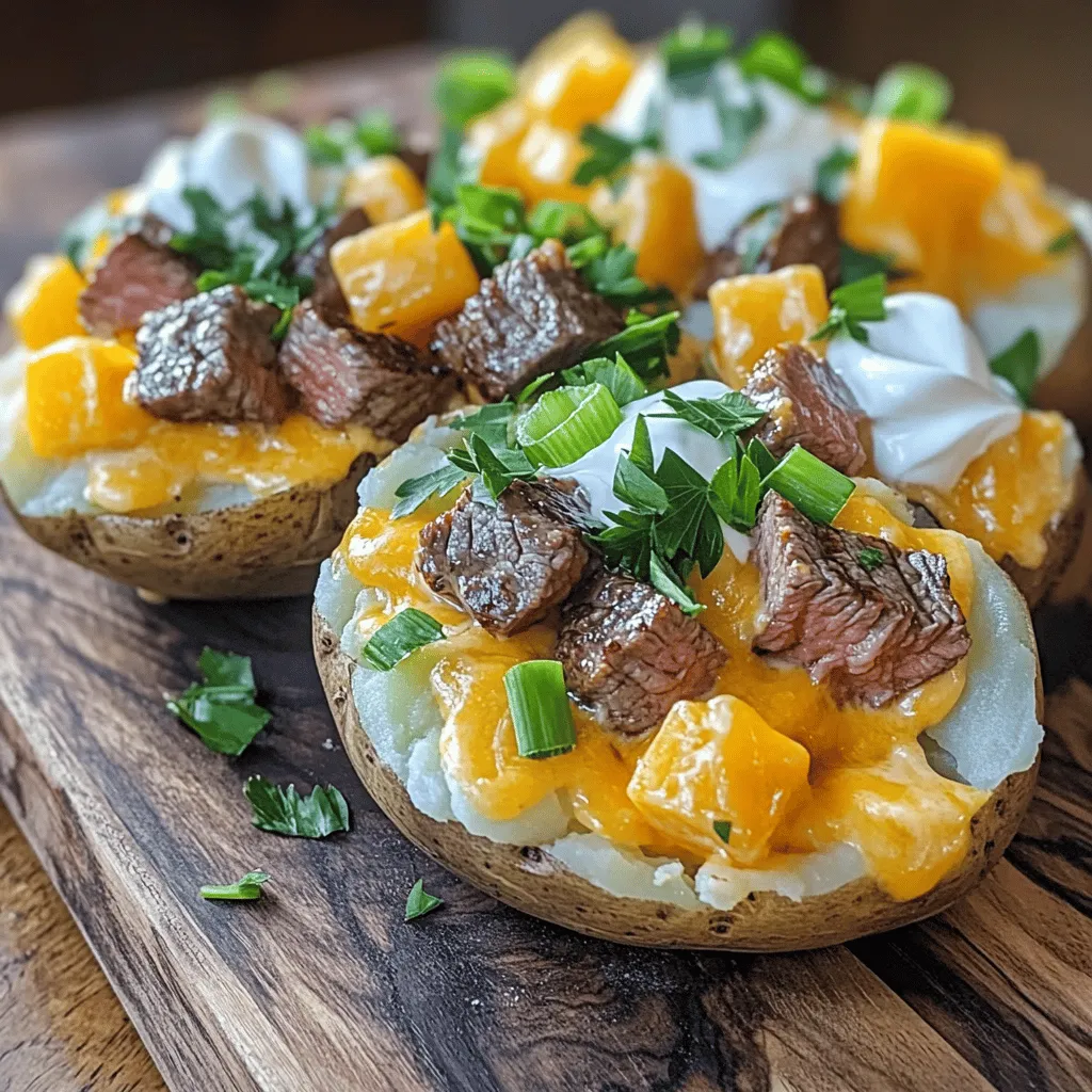 To create a loaded baked potato with juicy steak bites, you need a few key ingredients. The star of the dish is the potato. I recommend using medium-sized russet potatoes. They are fluffy inside and have a great skin. This makes them perfect for baking.