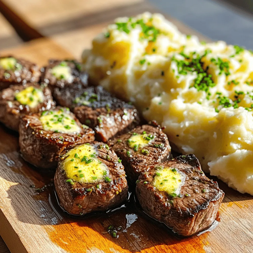 To make juicy steak bites, start by gathering your ingredients. You need 1 pound of sirloin steak, which is one of the best cuts for bites. Cut it into bite-sized cubes. You will also need olive oil, salt, pepper, unsalted butter, garlic, and fresh herbs like rosemary, thyme, and parsley. These ingredients create a rich garlic herb butter sauce that makes the steak bites shine.