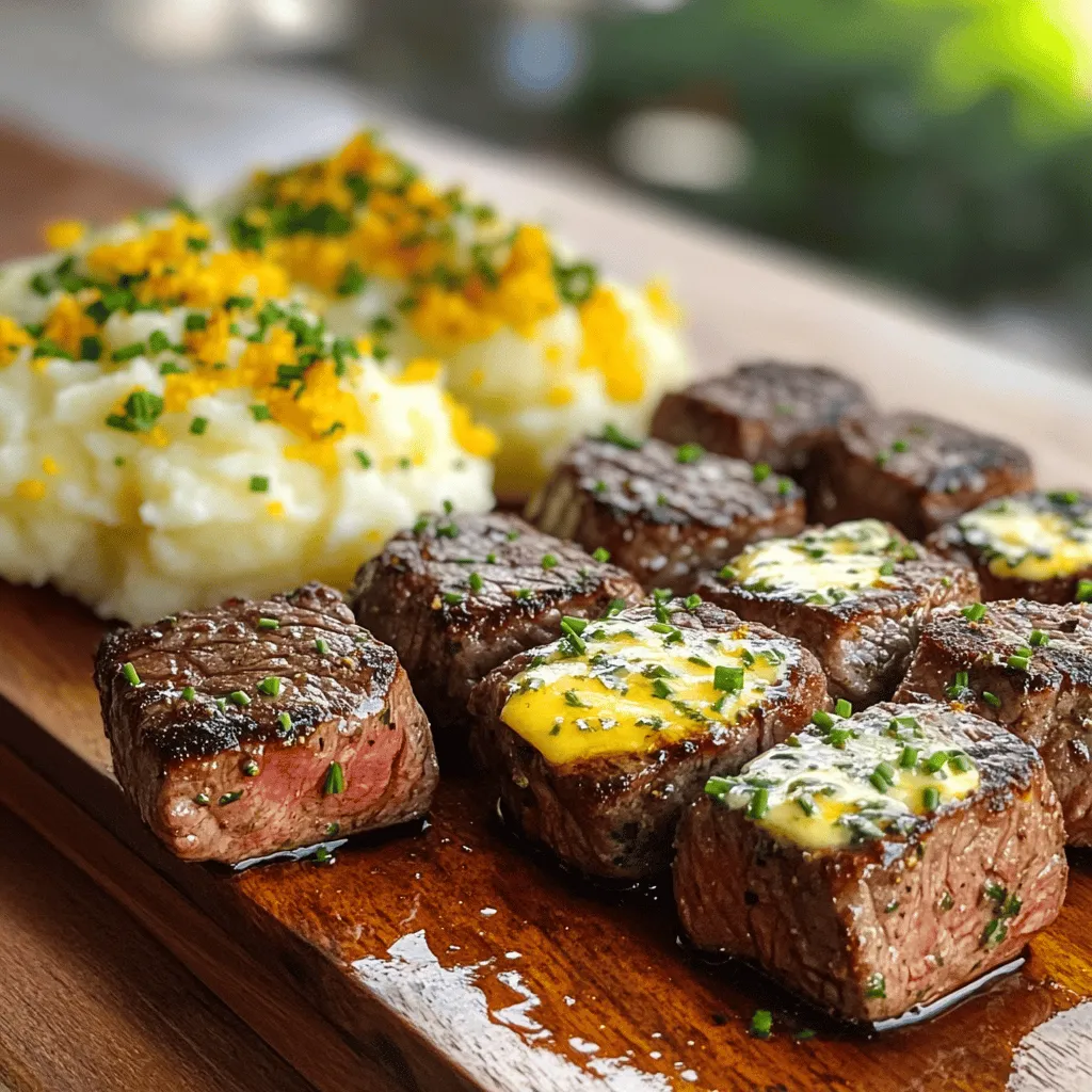 To make juicy steak bites, start by gathering your ingredients. You need 1 pound of sirloin steak, which is one of the best cuts for bites. Cut it into bite-sized cubes. You will also need olive oil, salt, pepper, unsalted butter, garlic, and fresh herbs like rosemary, thyme, and parsley. These ingredients create a rich garlic herb butter sauce that makes the steak bites shine.