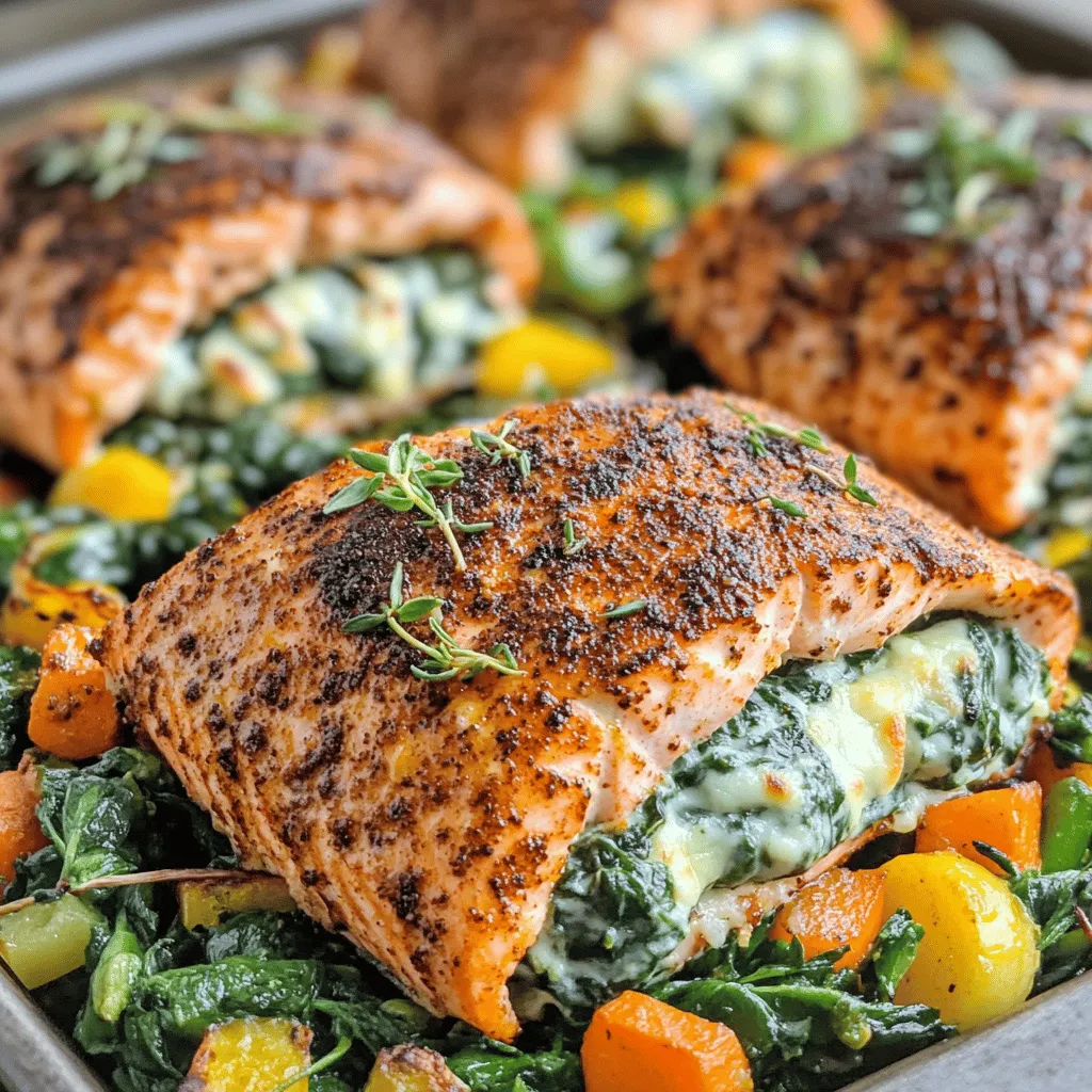 When making blackened salmon stuffed with creamy spinach, you need some key ingredients. The main star is the salmon fillets. I recommend using four 6-ounce fillets for this recipe. They should be fresh and firm.