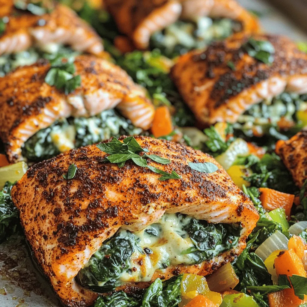 When making blackened salmon stuffed with creamy spinach, you need some key ingredients. The main star is the salmon fillets. I recommend using four 6-ounce fillets for this recipe. They should be fresh and firm.