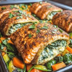 When making blackened salmon stuffed with creamy spinach, you need some key ingredients. The main star is the salmon fillets. I recommend using four 6-ounce fillets for this recipe. They should be fresh and firm.