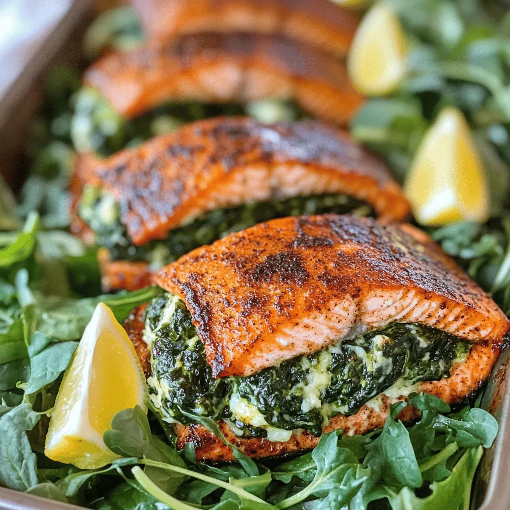 To make blackened salmon stuffed with spinach and Parmesan, you need a few key ingredients. First, gather four skinless salmon fillets. They should be fresh and firm for the best taste. You also need two cups of fresh spinach, chopped into small pieces. This will add color and nutrition to your dish.