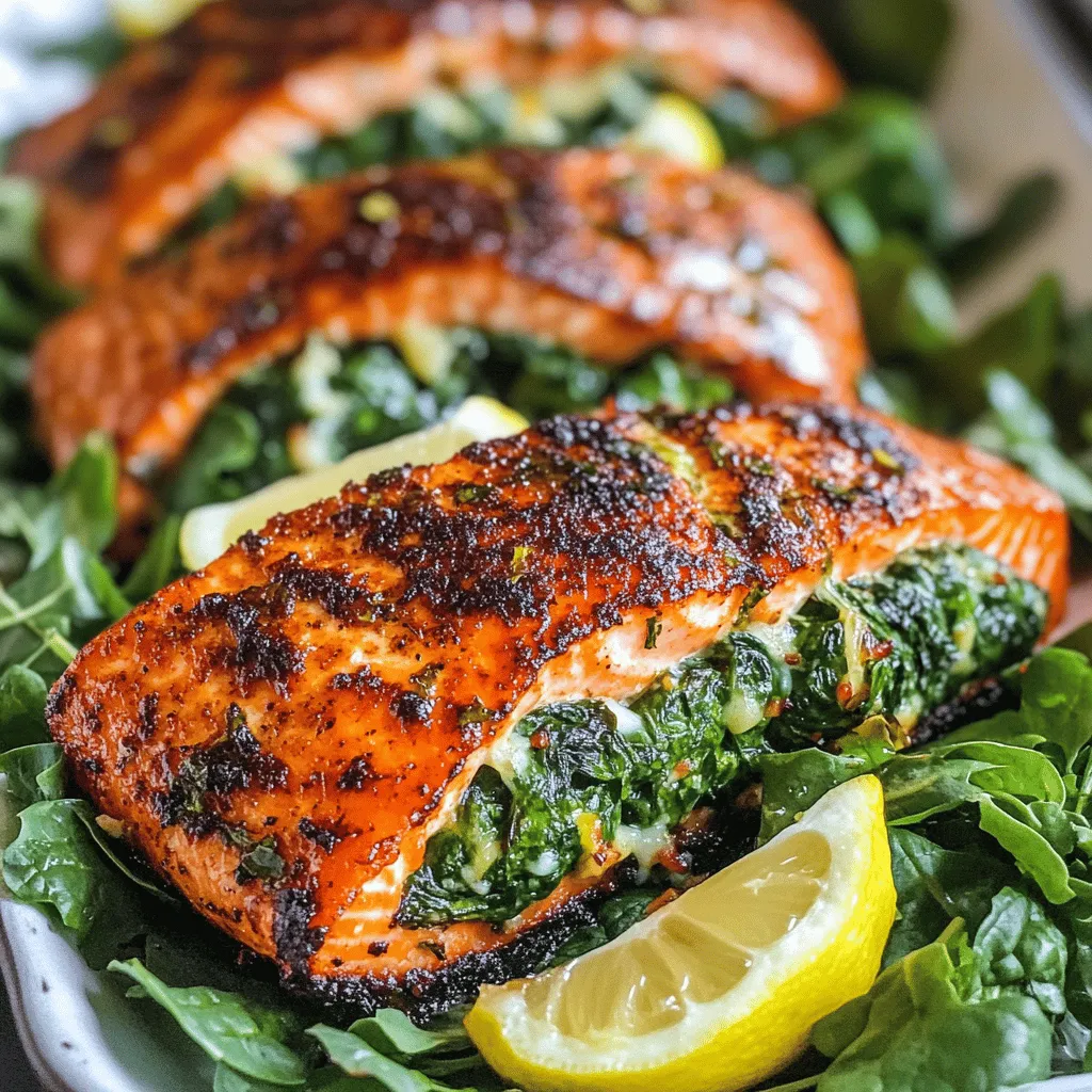 To make blackened salmon stuffed with spinach and Parmesan, you need a few key ingredients. First, gather four skinless salmon fillets. They should be fresh and firm for the best taste. You also need two cups of fresh spinach, chopped into small pieces. This will add color and nutrition to your dish.