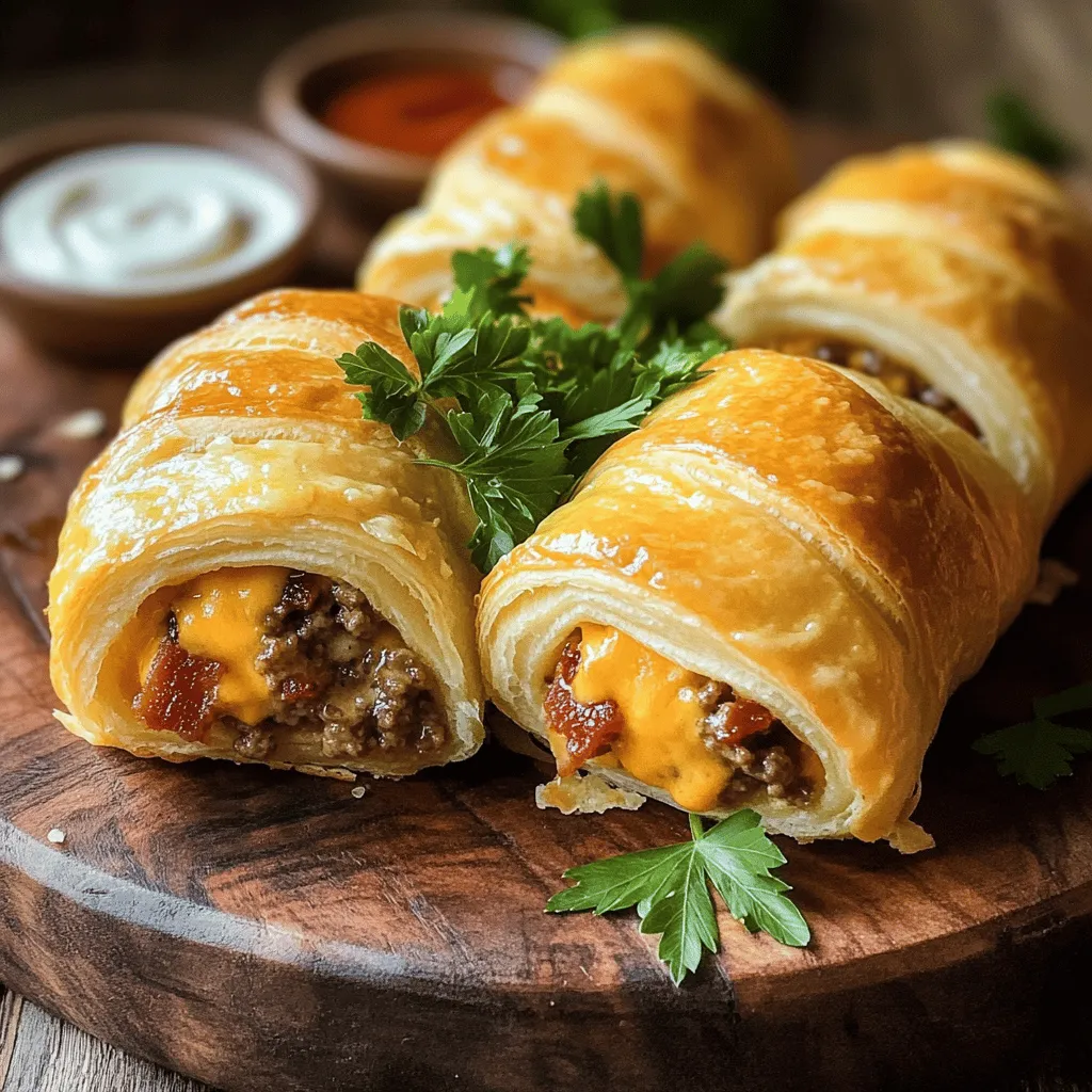 Garlic butter bacon cheeseburger rollups are savory bites that pack big flavor in each piece. They are fun and easy to make. The rollups use crescent dough to wrap a mix of beef, bacon, and cheese. Each roll is brushed with melted garlic butter for a tasty finish.