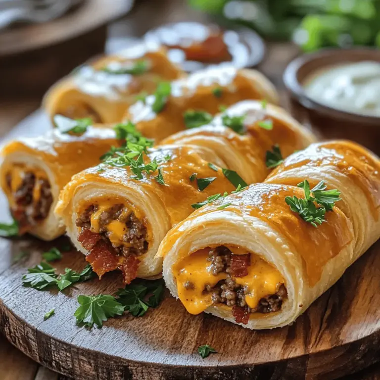 Garlic butter bacon cheeseburger rollups are savory bites that pack big flavor in each piece. They are fun and easy to make. The rollups use crescent dough to wrap a mix of beef, bacon, and cheese. Each roll is brushed with melted garlic butter for a tasty finish.