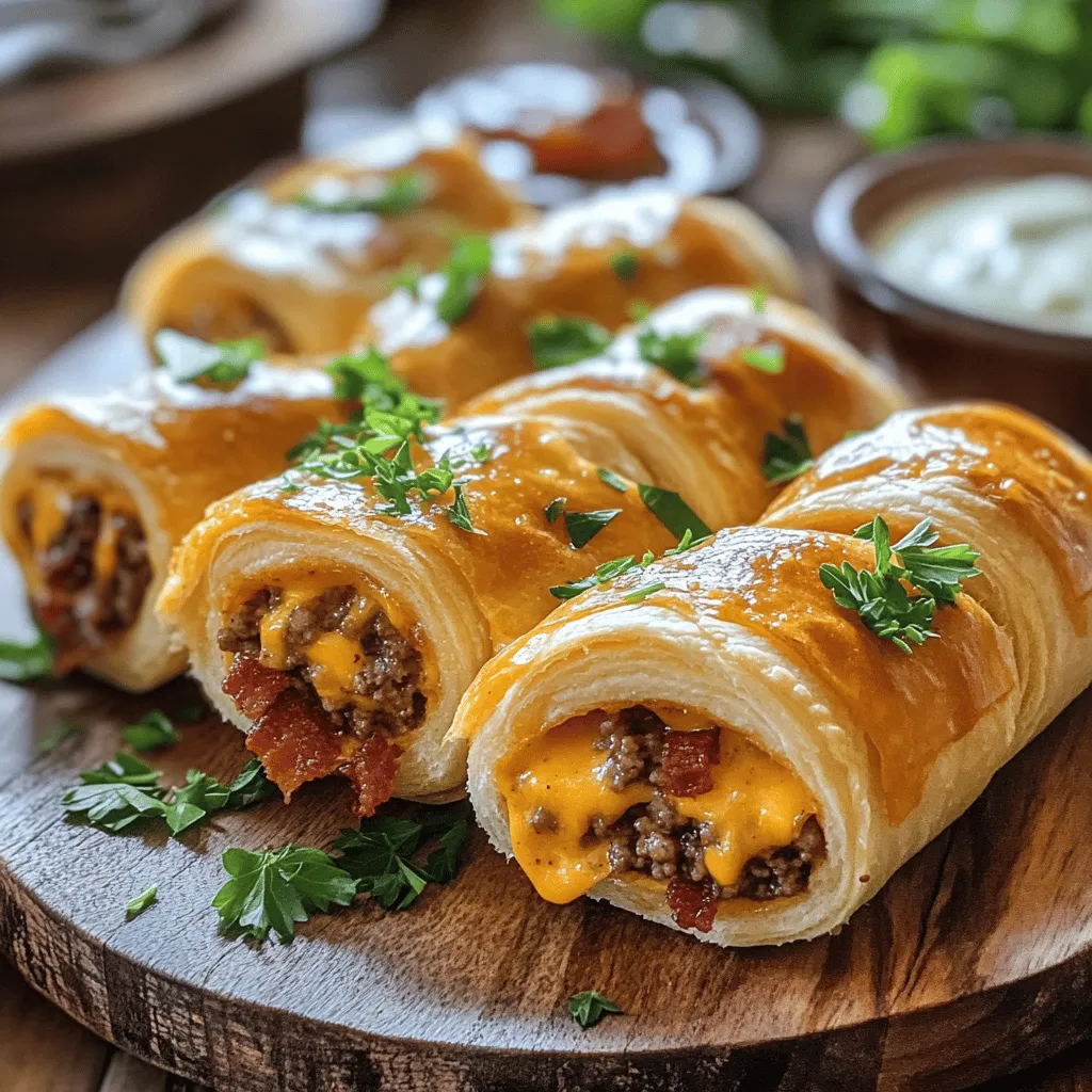 Garlic butter bacon cheeseburger rollups are savory bites that pack big flavor in each piece. They are fun and easy to make. The rollups use crescent dough to wrap a mix of beef, bacon, and cheese. Each roll is brushed with melted garlic butter for a tasty finish.