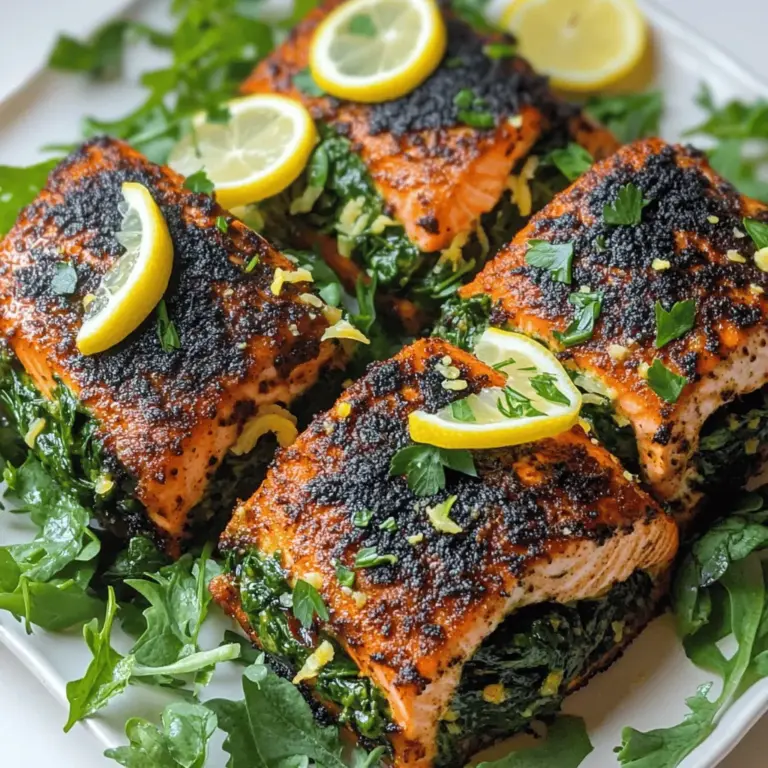 To create a tasty blackened salmon recipe, gather fresh and flavorful items. You need four salmon fillets, skin removed. For the filling, use two cups of fresh spinach, chopped finely, and one cup of shredded Parmesan cheese. The spices are key to the blackening effect. Use one tablespoon of olive oil, one teaspoon of garlic powder, one teaspoon of onion powder, one teaspoon of paprika, and one teaspoon of cayenne pepper. Remember to add salt and black pepper to taste. For garnishing, have one lemon sliced and fresh parsley chopped handy.