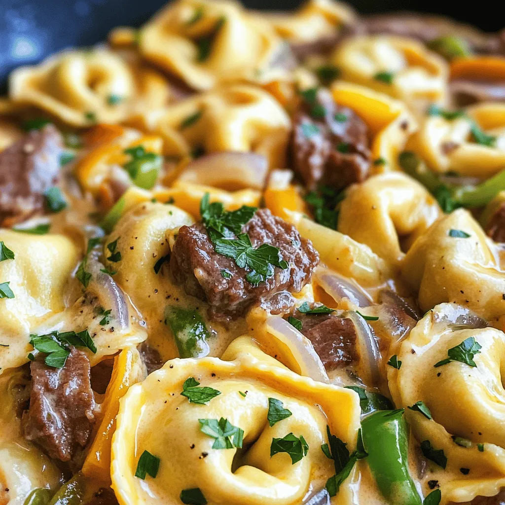 The main ingredients in Savory Cheesesteak Tortellini are cheese tortellini and sirloin steak. You can use store-bought or homemade cheese tortellini. Both options taste great in this dish.