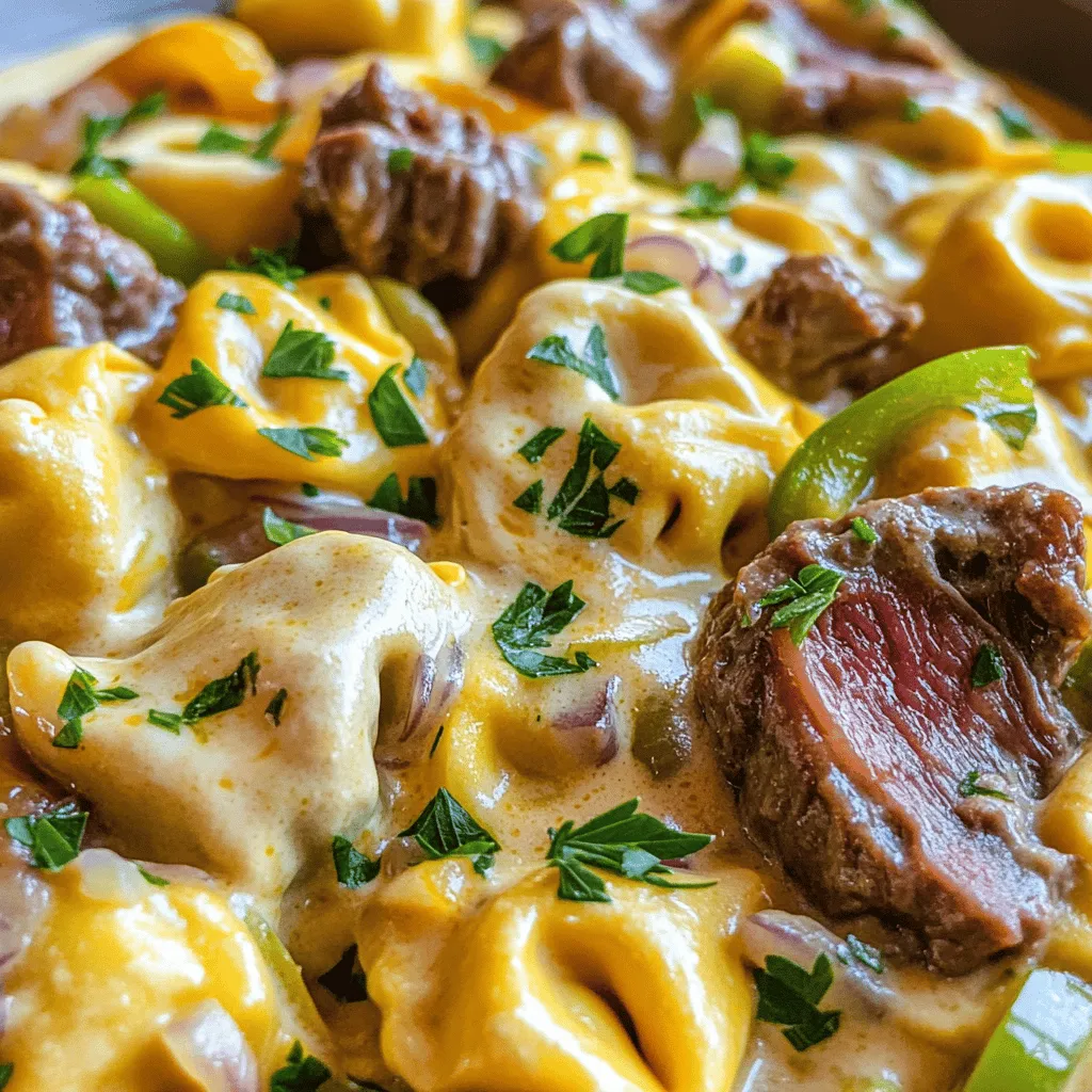 The main ingredients in Savory Cheesesteak Tortellini are cheese tortellini and sirloin steak. You can use store-bought or homemade cheese tortellini. Both options taste great in this dish.