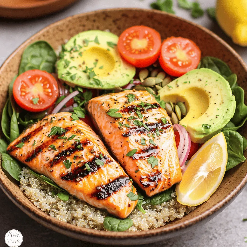 The Epic Garlic-Lemon Salmon Power Bowl is a delight for your taste buds. It features a mix of fresh and vibrant ingredients. The main star is salmon, known for its rich flavor and health benefits. Salmon is packed with omega-3 fatty acids. These good fats help your heart and brain stay healthy.