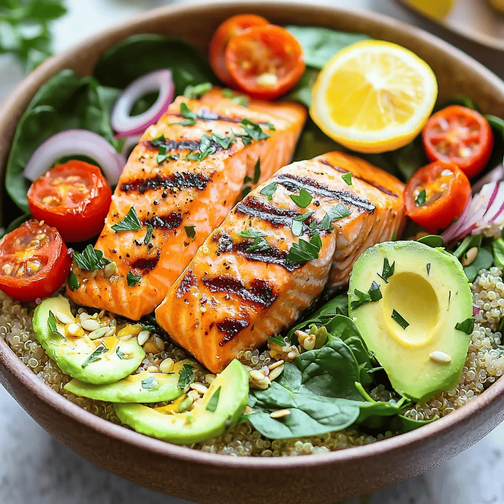 The Epic Garlic-Lemon Salmon Power Bowl is a delight for your taste buds. It features a mix of fresh and vibrant ingredients. The main star is salmon, known for its rich flavor and health benefits. Salmon is packed with omega-3 fatty acids. These good fats help your heart and brain stay healthy.