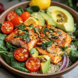 The Epic Garlic-Lemon Salmon Power Bowl is a delight for your taste buds. It features a mix of fresh and vibrant ingredients. The main star is salmon, known for its rich flavor and health benefits. Salmon is packed with omega-3 fatty acids. These good fats help your heart and brain stay healthy.