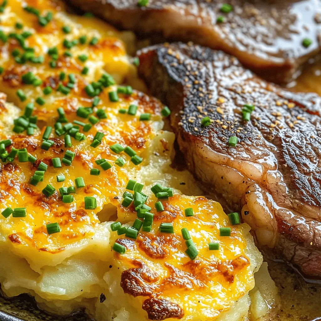 When you cook ribeye steak with cheesy scalloped potatoes, the right ingredients matter. First, choose two ribeye steaks, about one inch thick. They should be fresh and marbled for flavor. Season them with salt, black pepper, garlic powder, and smoked paprika. This mix brings out the best in the meat.