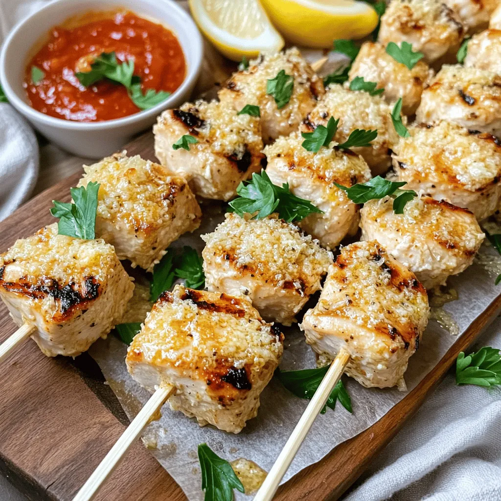 Garlic Parmesan chicken skewers are a tasty treat made from juicy chicken. They bring together garlic, cheese, and herbs for a flavor boost. The key ingredients in this dish include boneless chicken breasts, grated Parmesan cheese, and fresh garlic. I love how these flavors blend to create a mouth-watering skewer.