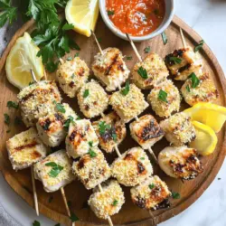 Garlic Parmesan chicken skewers are a tasty treat made from juicy chicken. They bring together garlic, cheese, and herbs for a flavor boost. The key ingredients in this dish include boneless chicken breasts, grated Parmesan cheese, and fresh garlic. I love how these flavors blend to create a mouth-watering skewer.