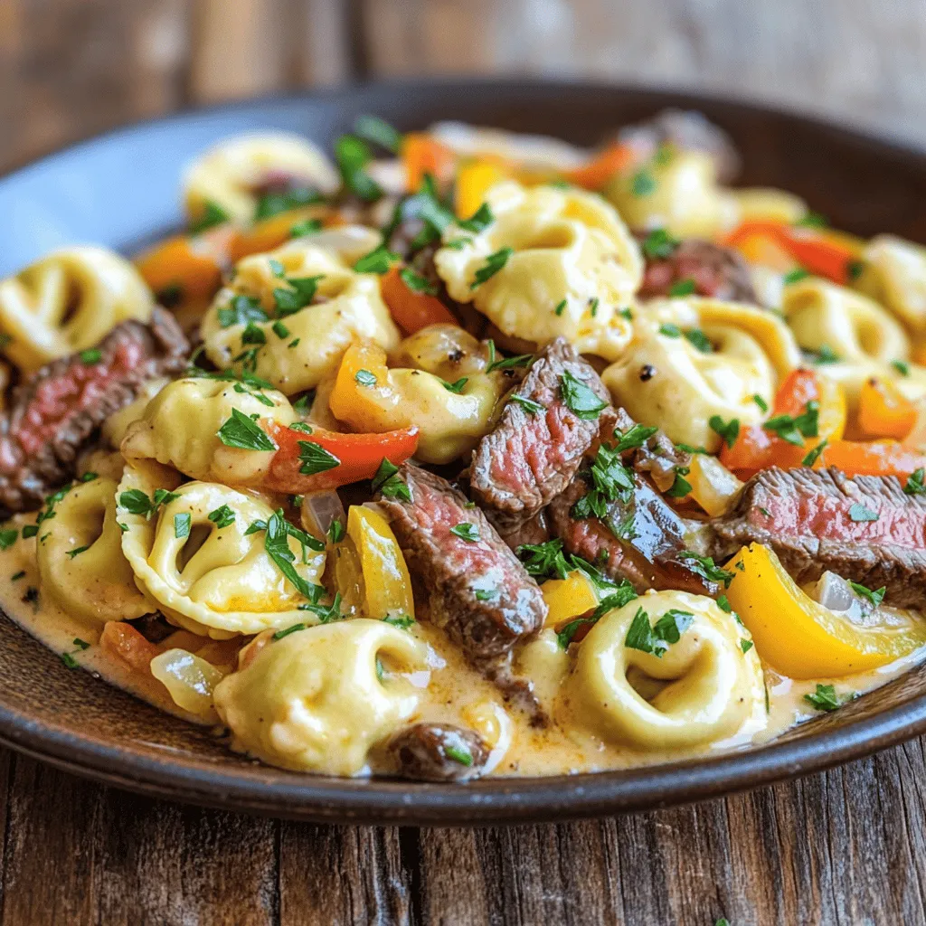 The cheesesteak tortellini recipe shines with a blend of simple yet rich ingredients. You will need 12 oz of cheese tortellini. This pasta serves as the perfect base. Use 1 lb of ribeye steak, thinly sliced. It gives the dish its classic flavor.