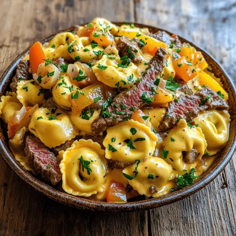 The cheesesteak tortellini recipe shines with a blend of simple yet rich ingredients. You will need 12 oz of cheese tortellini. This pasta serves as the perfect base. Use 1 lb of ribeye steak, thinly sliced. It gives the dish its classic flavor.