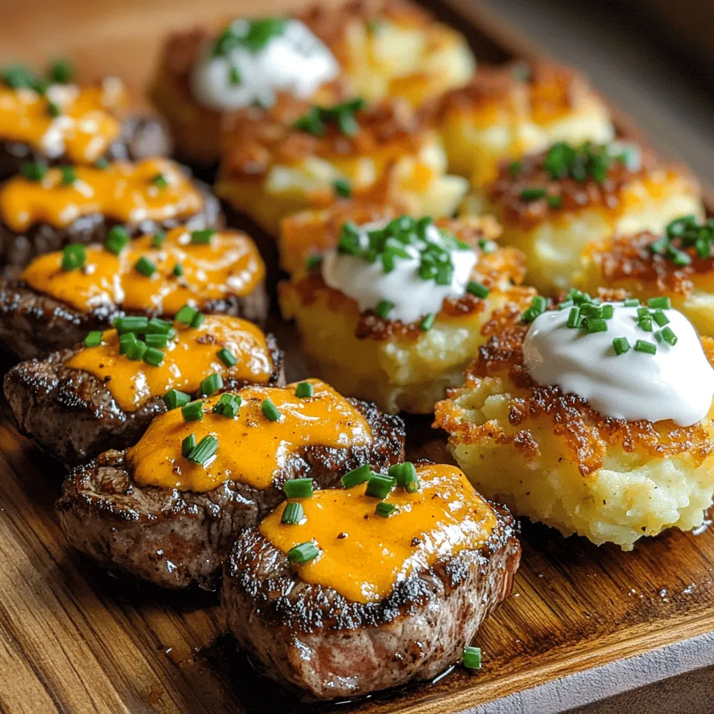 To make garlic butter steak bites and crispy cheddar smashed potatoes, you need a few key ingredients. The main star is sirloin steak. This cut is tender and has great flavor. You want to cube it into bite-size pieces for easy cooking.