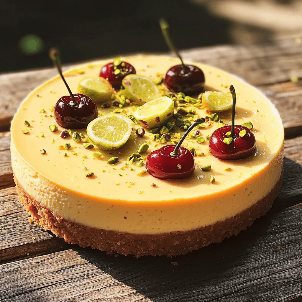 To create a delicious lemon-lime cherry pistachio cheesecake, gather the right cheesecake ingredients. This recipe uses simple items that blend well together.