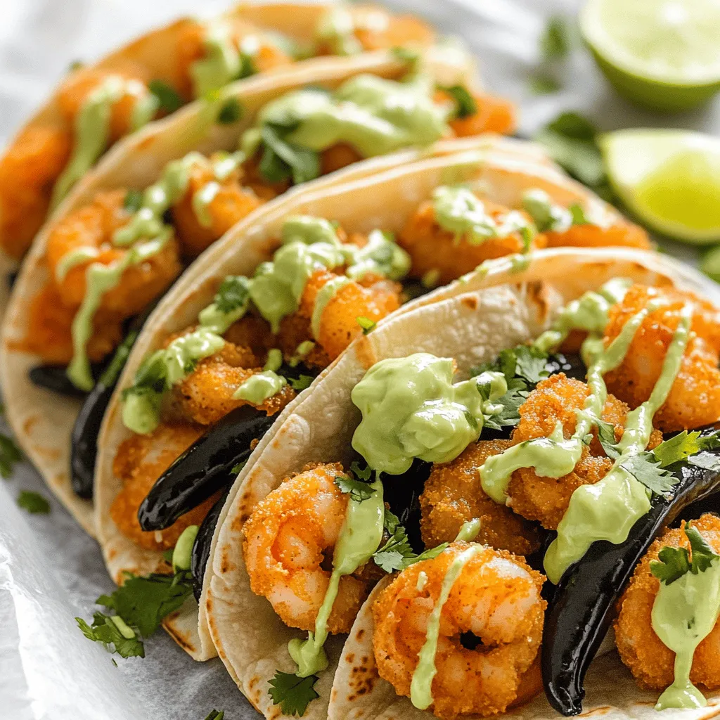 When making crispy shrimp tacos, you need fresh, high-quality ingredients. The key items include shrimp, poblano peppers, and tortillas. Let's dive into those.