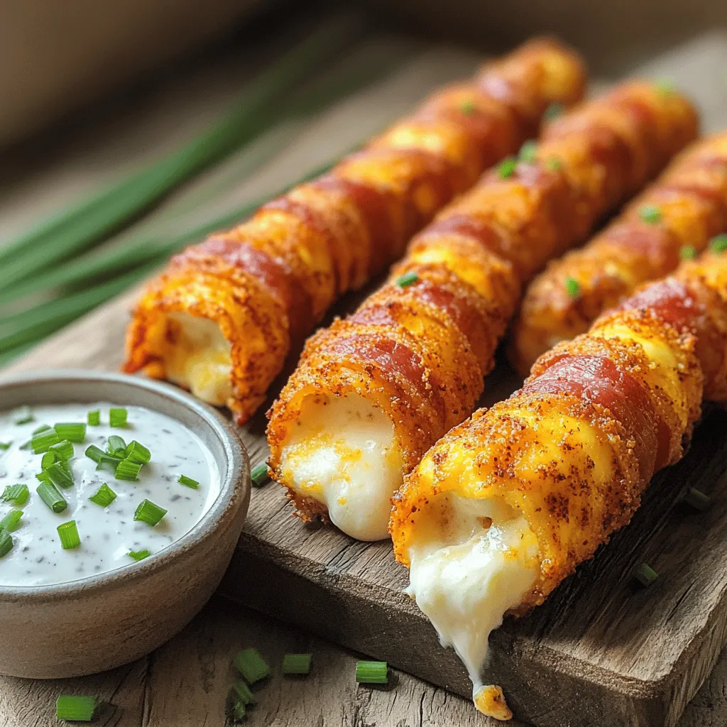 To make Nashville hot bacon-wrapped mozzarella sticks, you need simple ingredients. You will need 12 mozzarella sticks, which provide a creamy, melty center. Use 6 slices of thick-cut bacon, cut in half. This bacon gives a crispy layer outside. You also need 1 cup of all-purpose flour for coating. Two large eggs, beaten, will help the coating stick. For crunch, use 1 cup of breadcrumbs, preferably panko.