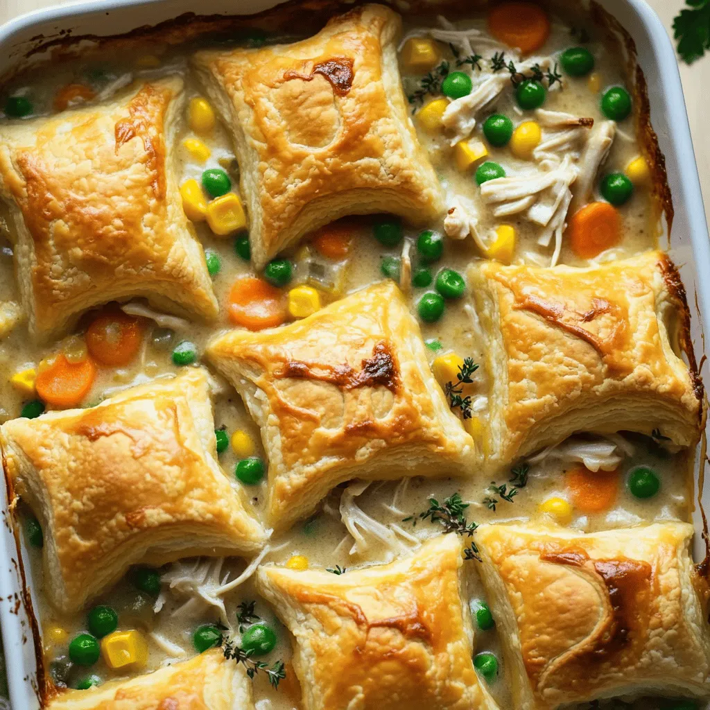 For a quick, tasty chicken pot pie casserole, you need simple chicken pot pie ingredients. Start with <strong>2 cups of cooked chicken</strong>, shredded. This gives your dish a hearty base. Next, add <strong>1 cup of frozen mixed vegetables</strong> like peas, carrots, and corn. These add color and nutrition.” /></p>
</p>
<h2>What Variations Can You Make to Your Chicken Pot Pie Casserole?</h2>
</p>
<p>You can change your chicken pot pie casserole in many ways. Here are some fun ideas:</p>
</p>
<h3>Healthy Alternatives for a Lighter Meal</h3>
<p>You can use whole wheat dough instead of crescent rolls. This adds fiber and flavor. Swap cream of chicken soup for a low-fat version. This helps cut calories while still tasting great. Adding more veggies like spinach or zucchini boosts nutrition. You can even use cauliflower for a creamy sauce without the cream!</p>
</p>
<h3>Fun Twists on Traditional Recipes</h3>
<p>Try adding different proteins like turkey or even shrimp. Each choice gives a new taste. For a twist, use different herbs like rosemary or basil. You can also add a bit of heat with diced jalapeños. For a sweet touch, toss in some cooked sweet potatoes. Each change can make your dish unique and exciting.</p>
</p>
<h3>Kid-Friendly Ingredients and Options</h3>
<p>Kids love fun shapes! Use cookie cutters on the dough to make stars or hearts. You can add their favorite veggies, like broccoli or corn. For more flavor, mix in some ranch dressing or cheese. These small changes can make the dish more appealing to kids while keeping it healthy.</p>
</p>
<p>These variations keep your chicken pot pie casserole fresh and fun. Want to try a new version? Check out the Full Recipe for all the details!</p>
</p>
<h2>How Can You Customize Your Pot Pie Crust?</h2>
</p>
<p>You can make your pot pie crust in many exciting ways. Each type adds a unique taste and texture. The most popular option is a homemade pot pie crust. This crust can be flaky and buttery, making your casserole richer.</p>
</p>
<h3>Exploring Different Crust Options and Textures</h3>
</p>
<p>You can use different crusts to change your dish. A classic flaky crust is made from flour, butter, and water. This crust is easy to roll out and fits nicely in your dish. On the other hand, a biscuit crust gives a soft texture. If you prefer something lighter, try a phyllo dough. It adds a nice crunch.</p>
</p>
<h3>Tips for Making a Flaky Crust from Scratch</h3>
</p>
<p>To make a flaky crust, keep your butter cold. Cut the butter into small pieces and mix it with flour. Use a fork or pastry cutter. Avoid overworking the dough. This keeps it light and airy. Let the dough chill in the fridge for 30 minutes. This step helps it hold its shape when baked.</p>
</p>
<h3>Using Crescent Rolls vs. Puff Pastry: What’s Best?</h3>
</p>
<p>Crescent rolls are quick and easy. They bake into a golden crust with a slight chew. Puff pastry, on the other hand, is more delicate. It creates many layers, making it flaky and airy. For a simple meal, I suggest using crescent rolls. They save time and taste great on top of your chicken mixture.</p>
</p>
<p>You can find the full recipe for Chicken Pot Pie Casserole to try these crust ideas.</p>
</p>
<p><img decoding=